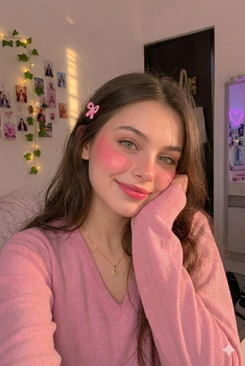 Young woman pink sweater golden hour portrait — Sonra