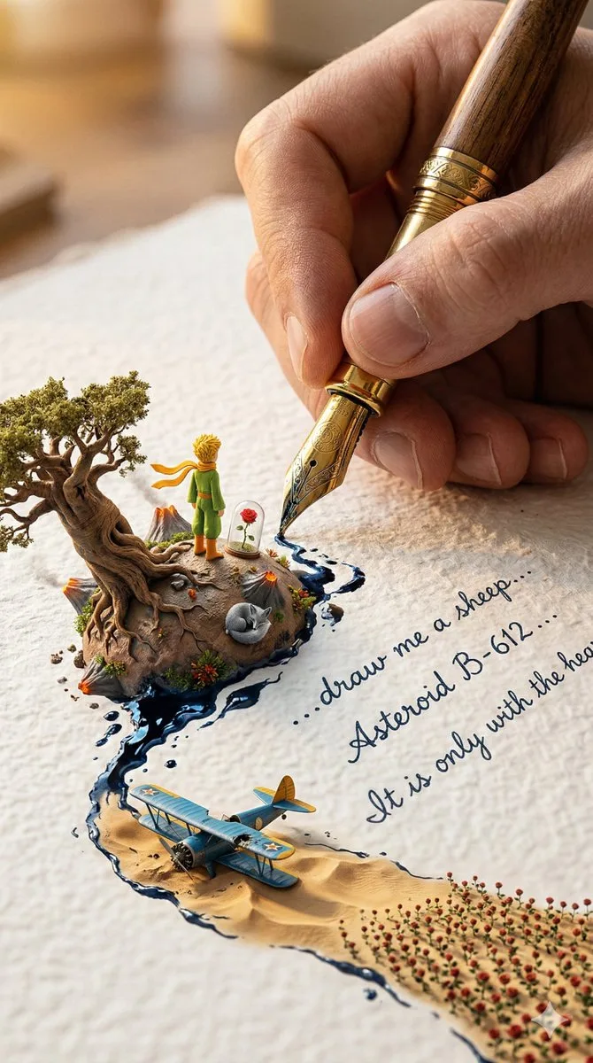 Giant pen writing fantasy world — Sonra