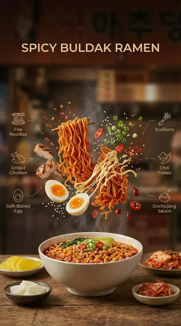Cinematic flying buldak ramen