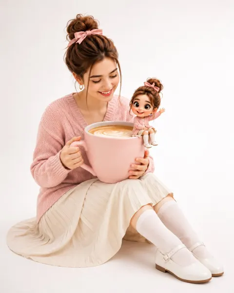 Woman and chibi doll 3d studio portrait