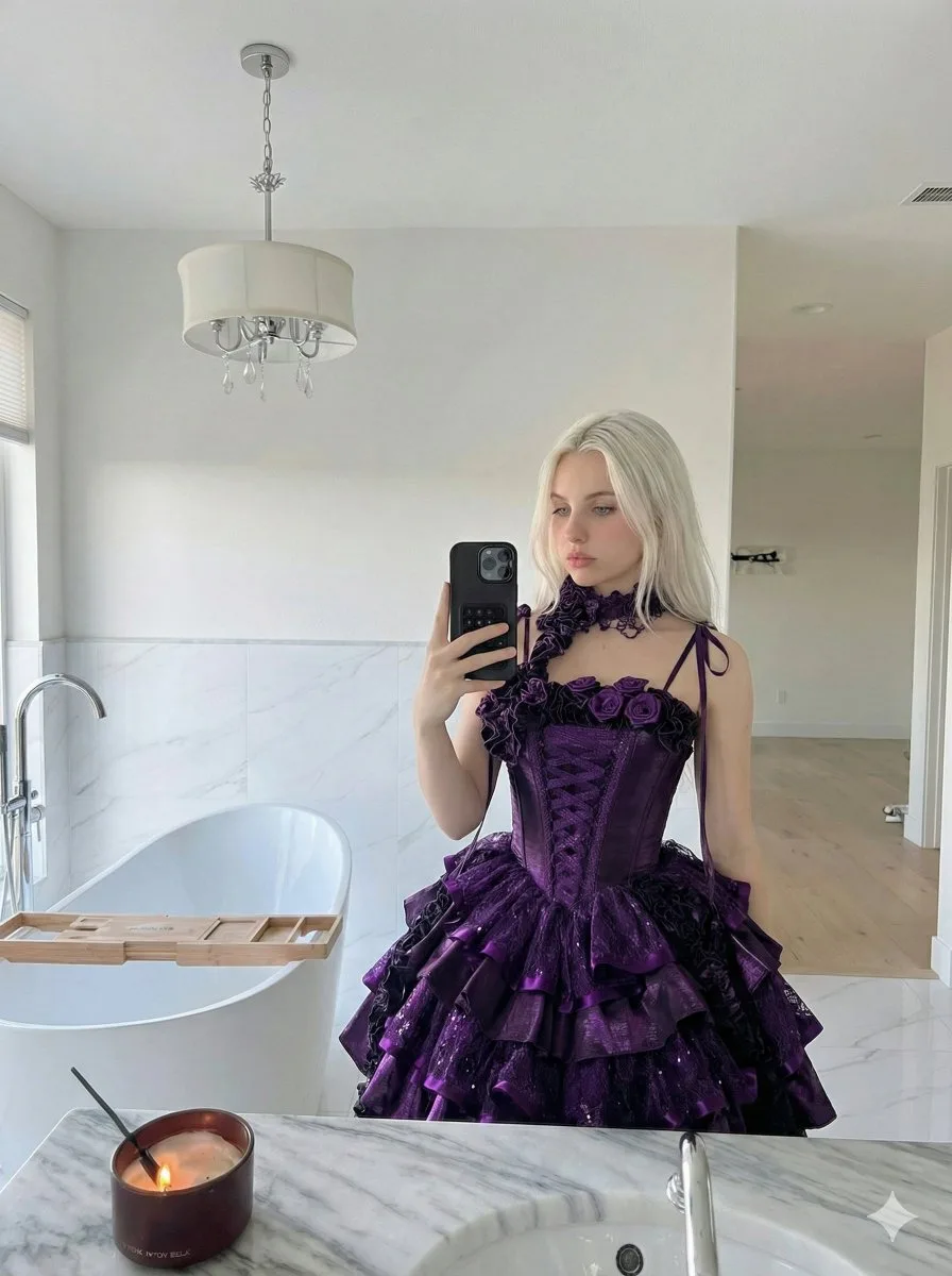 Bright bathroom gothic purple dress selfie — Sonra