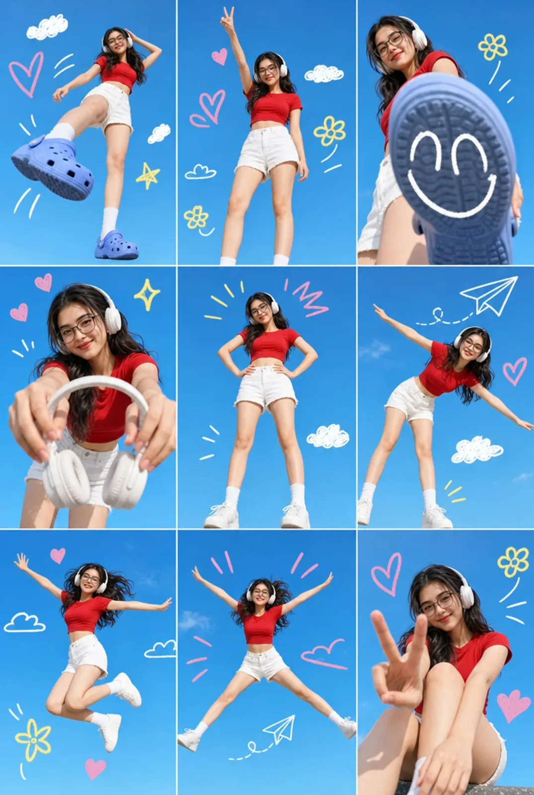 Asian woman 9 grid collage doodles blue sky — Sonra