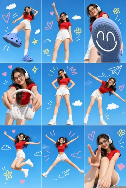 Asian woman 9 grid collage doodles blue sky
