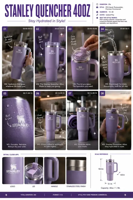 Luxury stanley quencher storyboard ad design