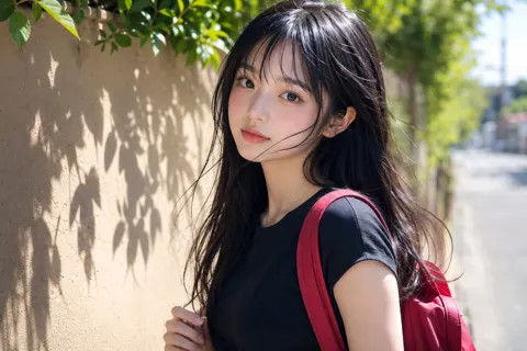 Beautiful japanese girl red backpack street photography