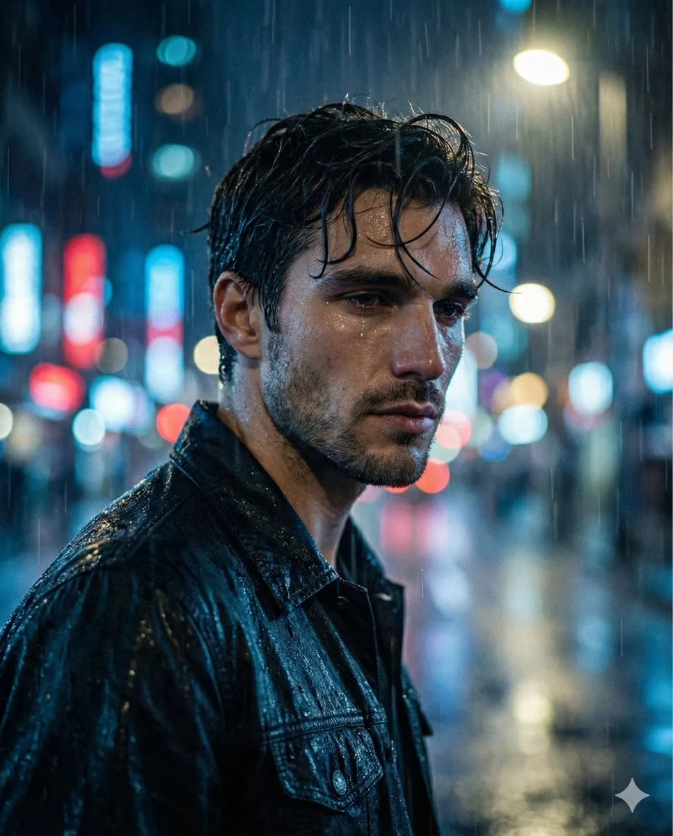 Neon rainy melancholic boy — After