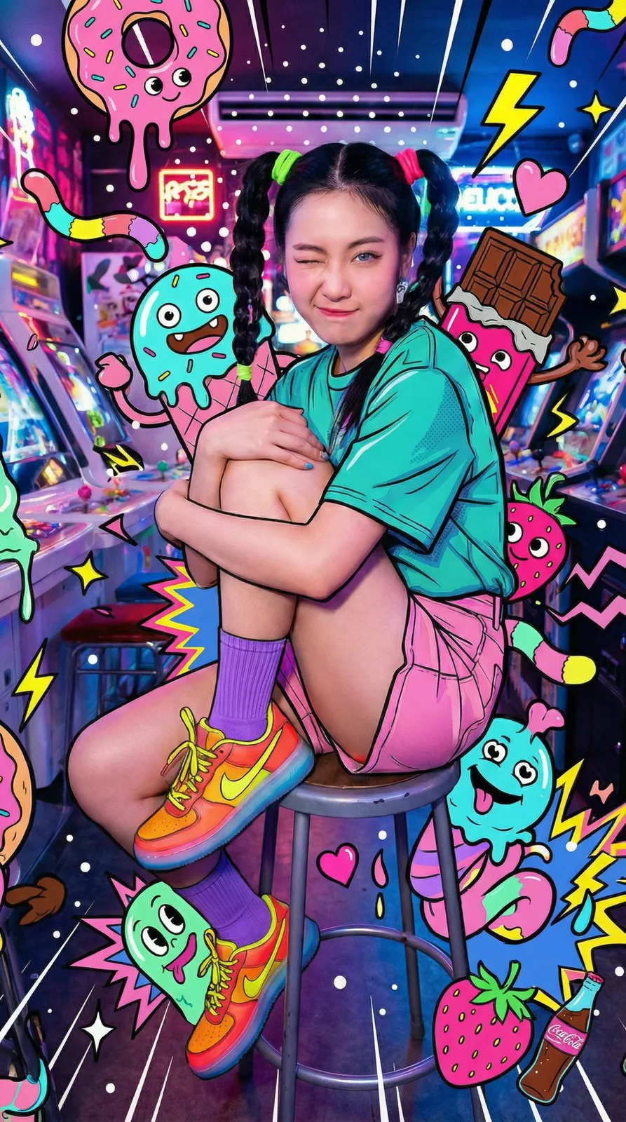 年轻女子侧坐在街机凳上 — Sonra
