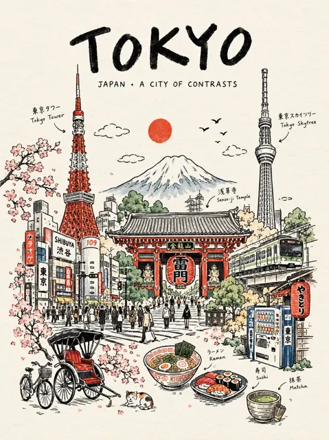Continuous line art travel poster