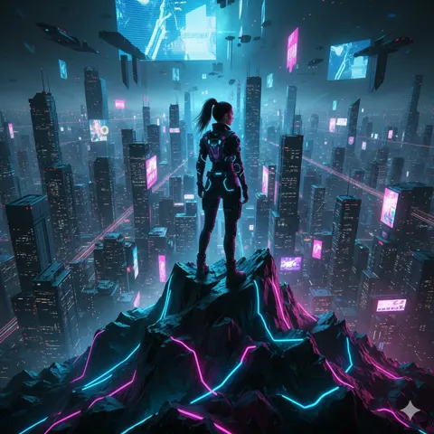 Girl on cyberpunk summit