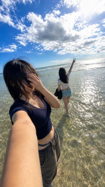 Summer beach shallow water ultra wide angle selfie