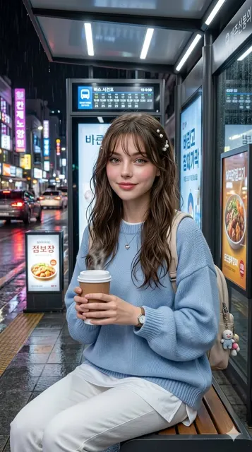 Korean city rainy night bus stop woman portrait