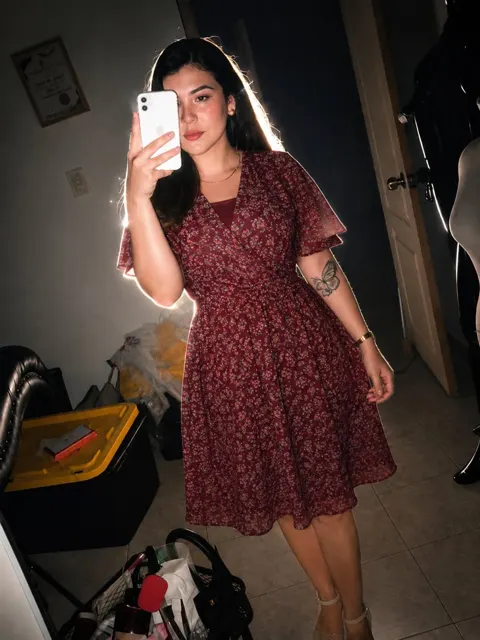 Ultra realistic mirror selfie burgundy floral dress y2k