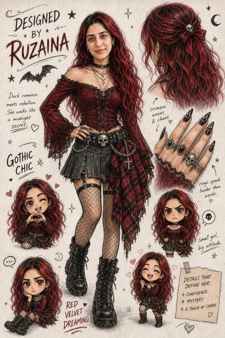 Anime gothic fashion design concept sketch sheet — Sonra