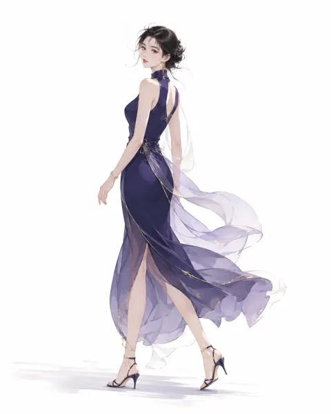 Eastern elegant woman minimalist walking illustration