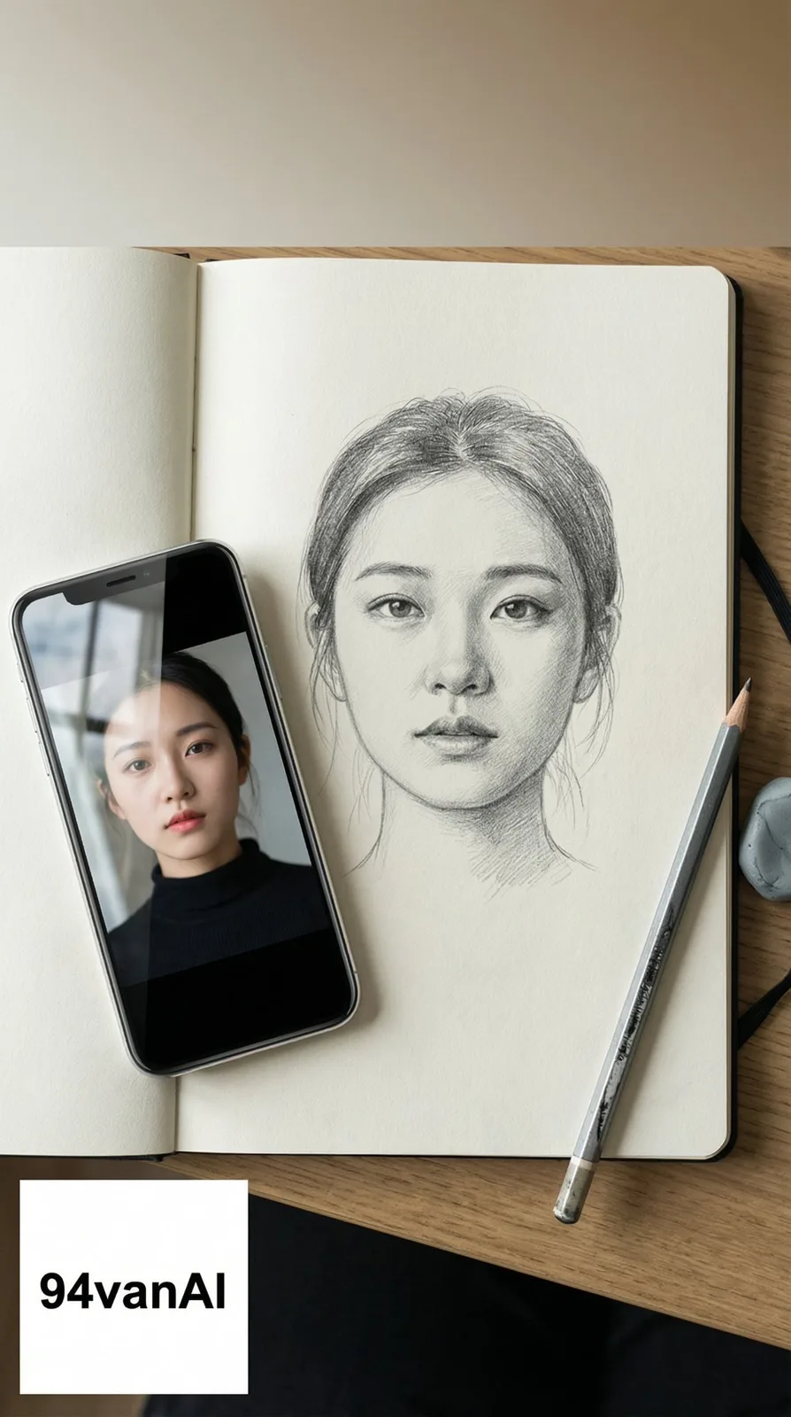 与手机原图同框的铅笔肖像 — Sonra