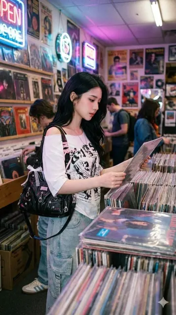 Neon light vinyl store girl