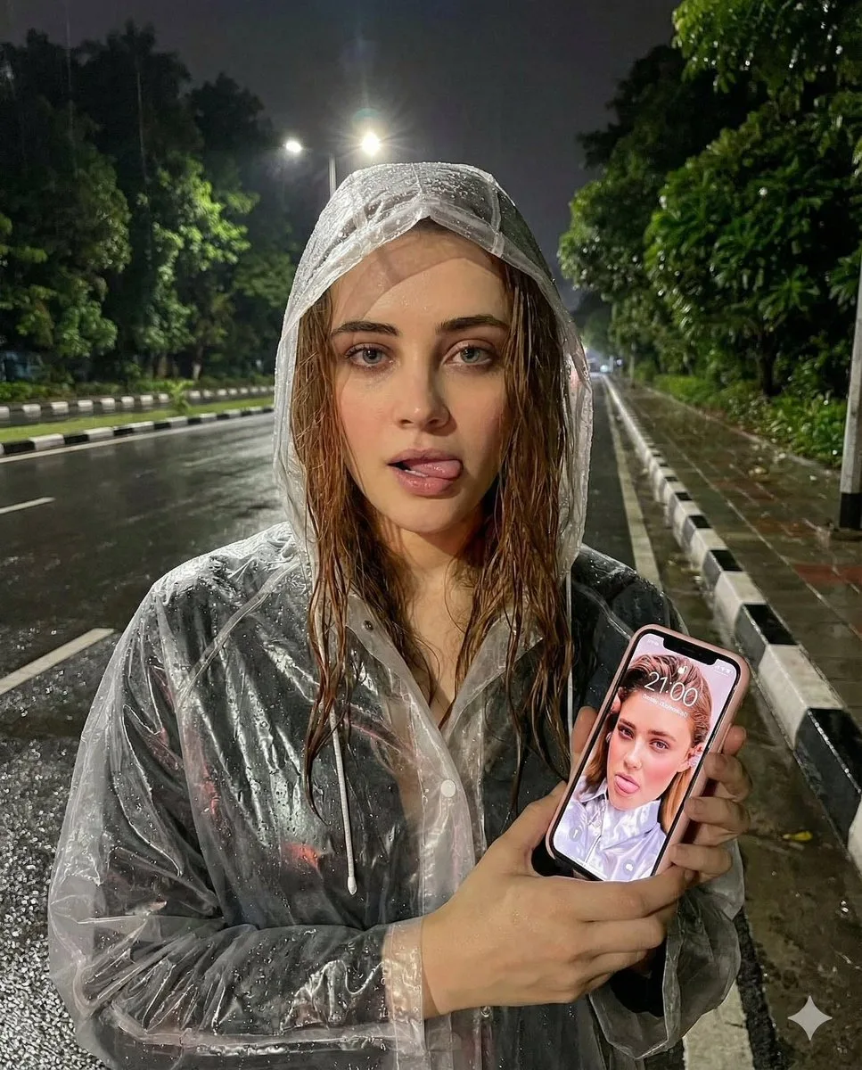 Playful girl transparent raincoat night street — After