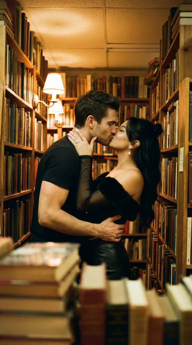 Warm light bookstore kiss — After