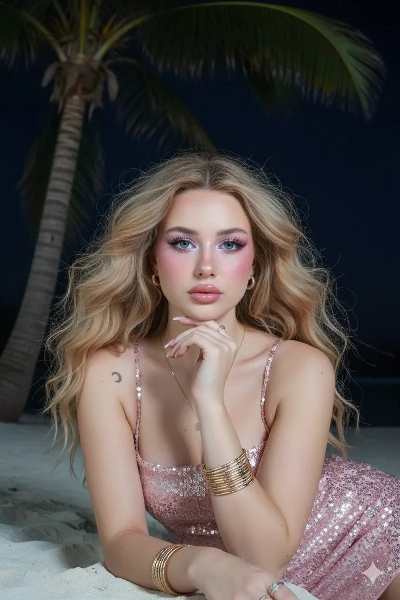 Strawberry blonde girl on night beach — After