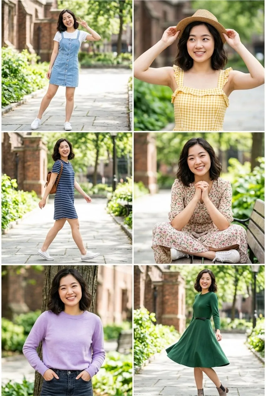 East asian woman outdoor portrait collage outfits — Sonra