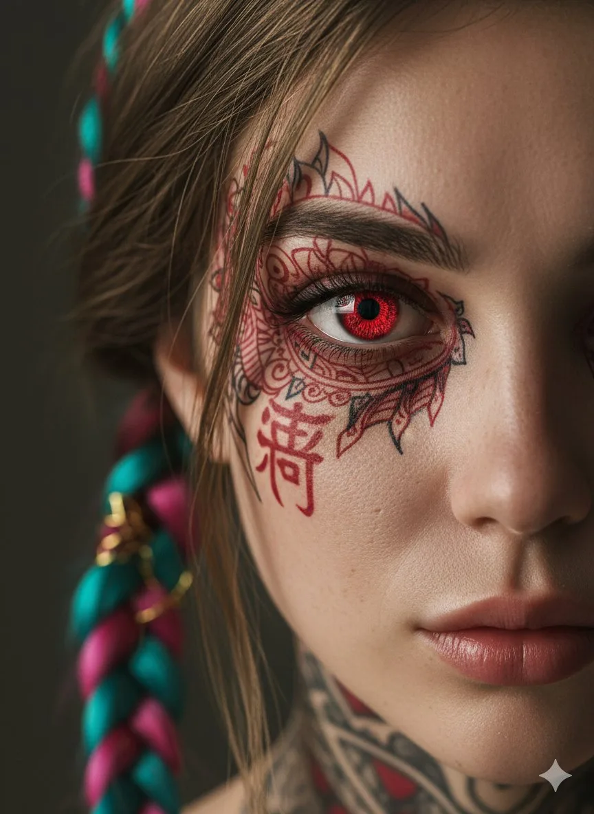 Red eyes tribal tattoo cinematic portrait — After