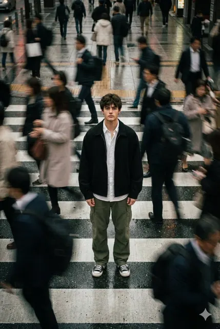 Cinematic street portrait frozen