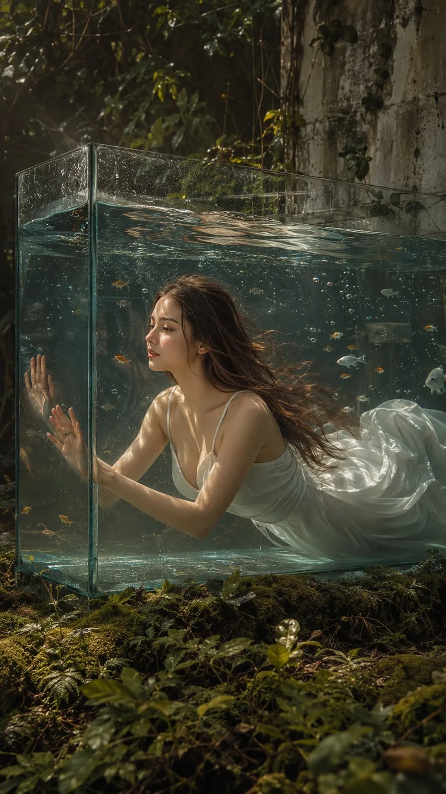 Surreal underwater woman forest aquarium — After