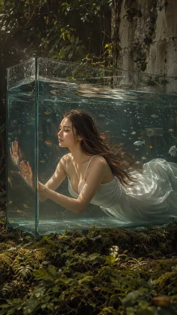 Surreal underwater woman forest aquarium