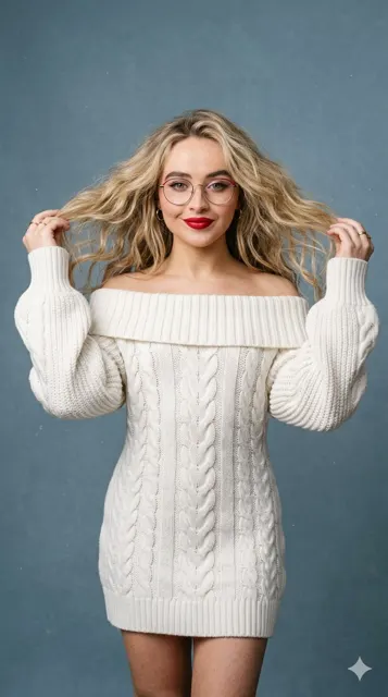 Elegant editorial fashion studio portrait white knit dress