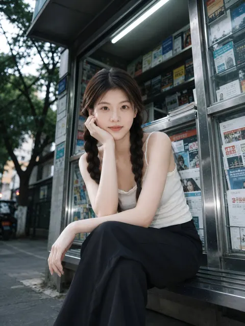 Urban street kiosk minimalist woman portrait