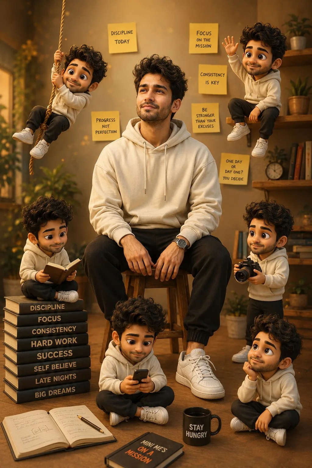 Indian male with pixar style mini clones — After