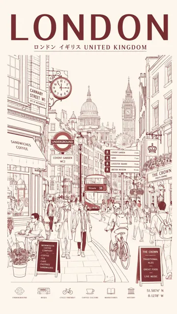 Minimalist monochrome city life travel poster line art