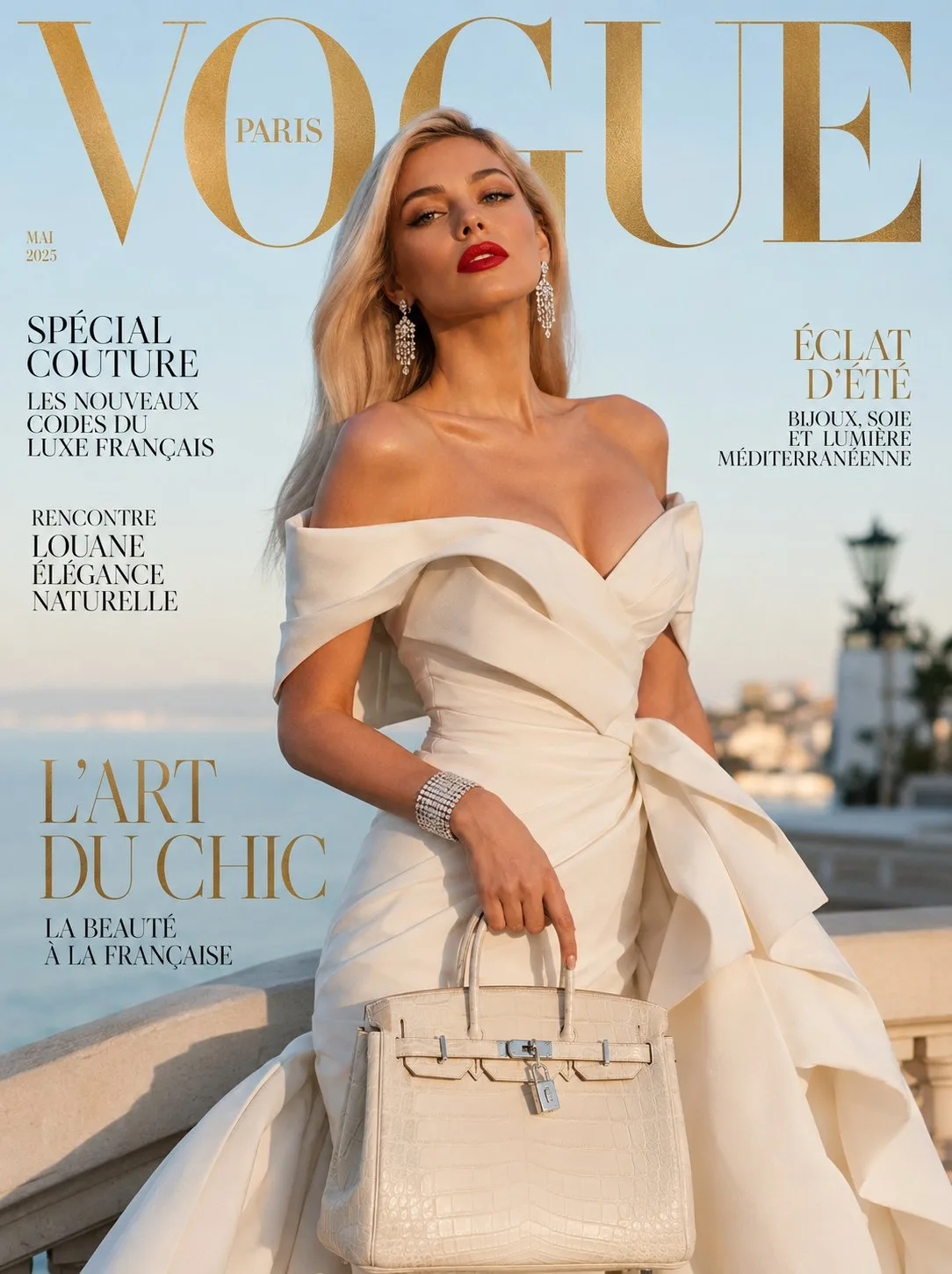 Ultra realistic luxury fashion magazine cover french woman ivory gown — After