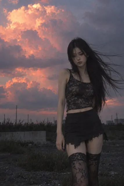 Retro wasteland girl pink clouds dreamcore photography