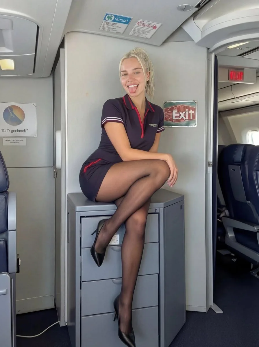 Playful flight attendant tongue out cabin — Sonra
