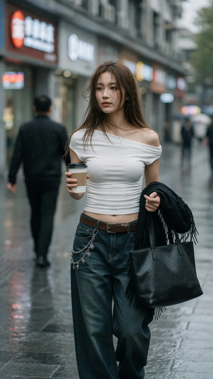 Photorealistic east asian woman urban street fashion photography — After