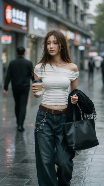 Photorealistic east asian woman urban street fashion photography