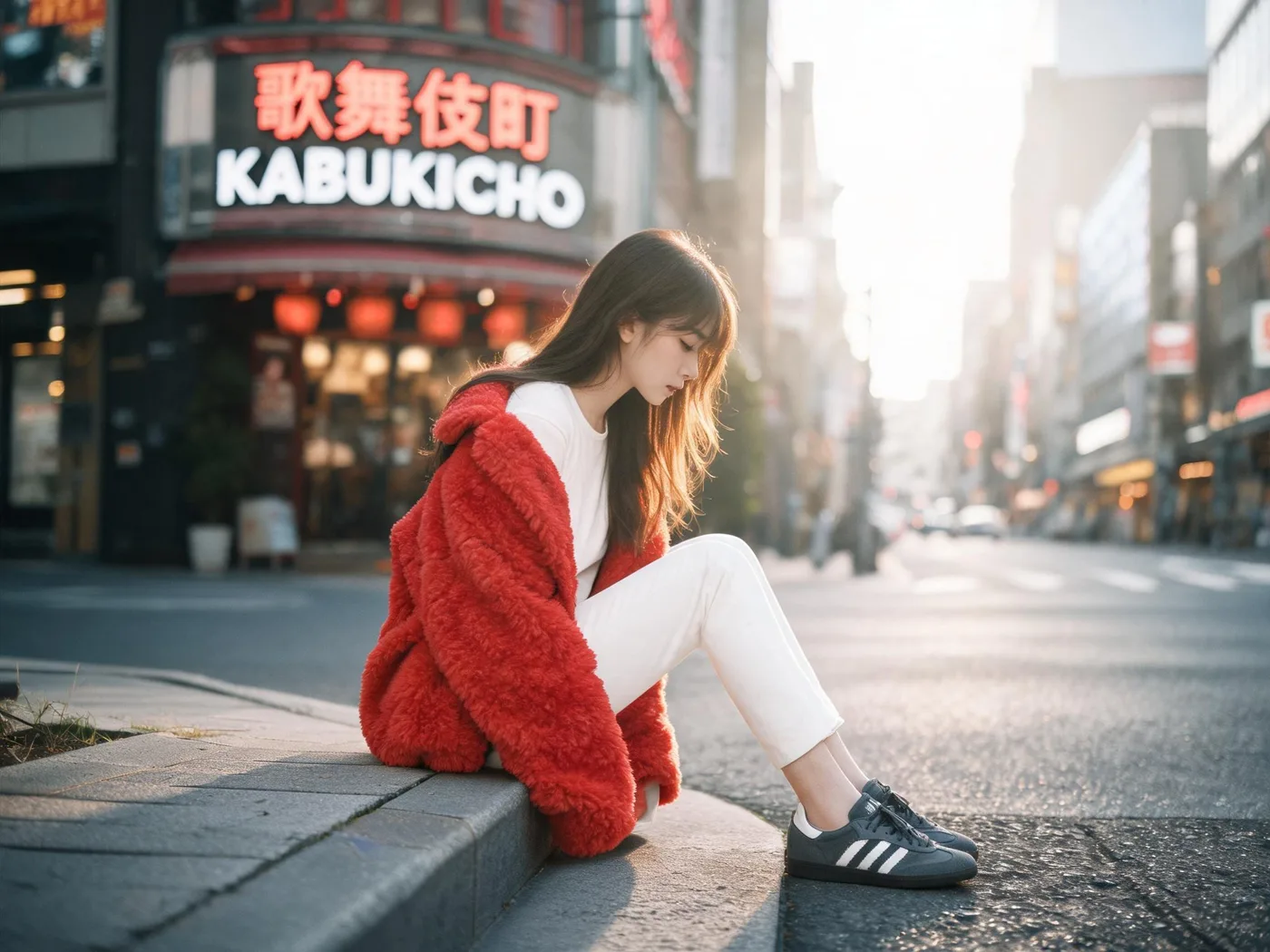 Elegant japanese woman kabukicho red fleece jacket — After