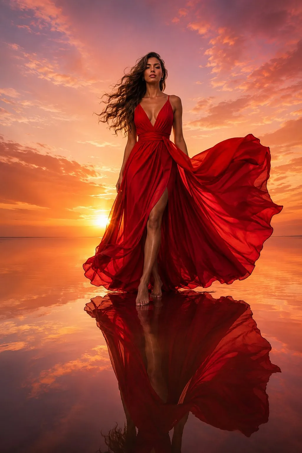 The red dress luxury fashion sunset water prompt — Sonra