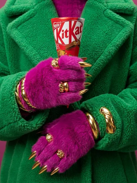 Magenta pink fur gloves ice cream fashion editorial