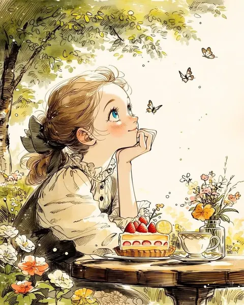 Vintage watercolor storybook girl forest tea party