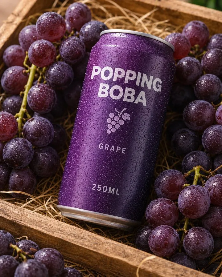 Ultra realistic commercial photography of popping boba grape soda — After
