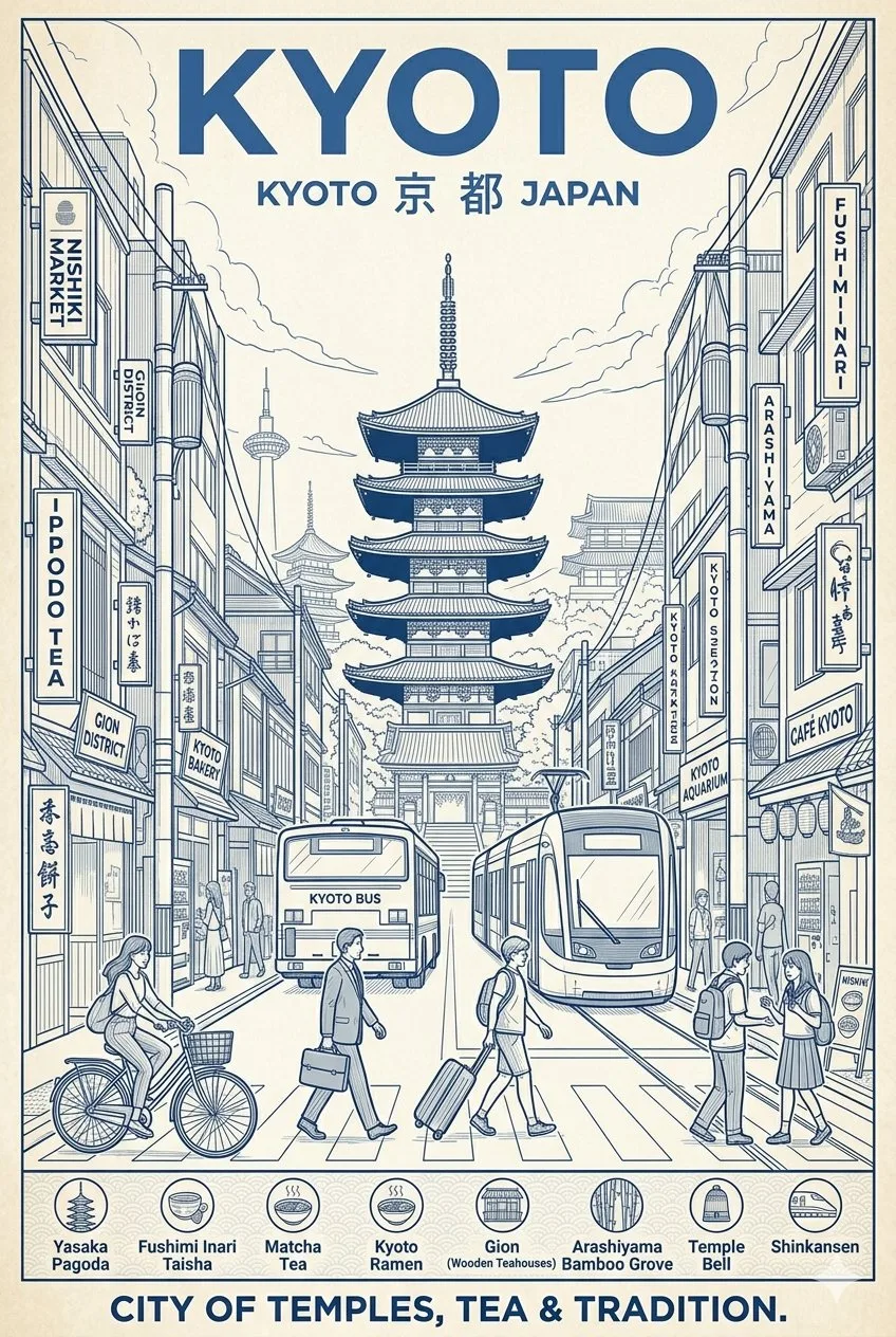 Kyoto blue white travel poster — Sonra