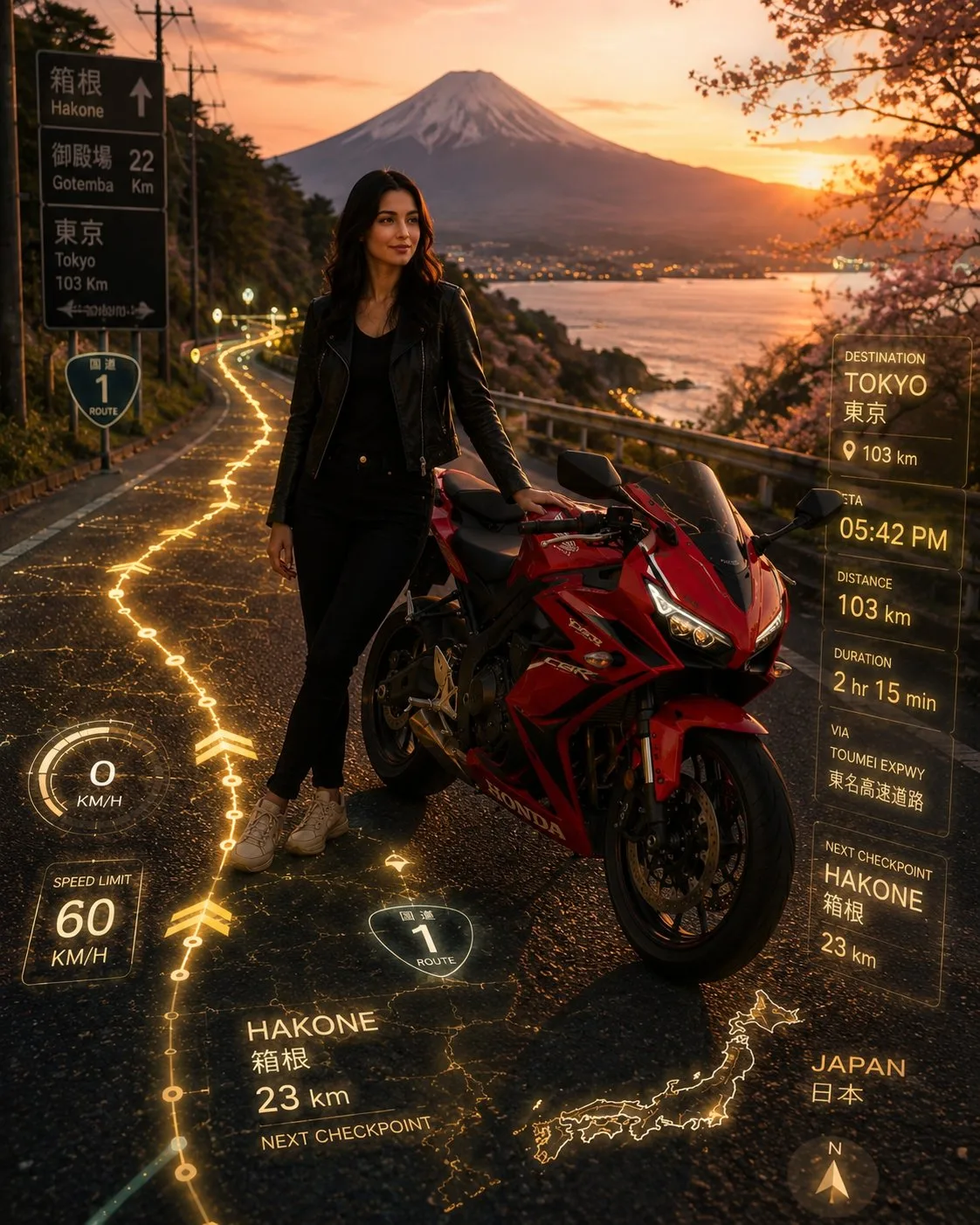 Red sports bike cinematic adventure japan highway ar — Sonra