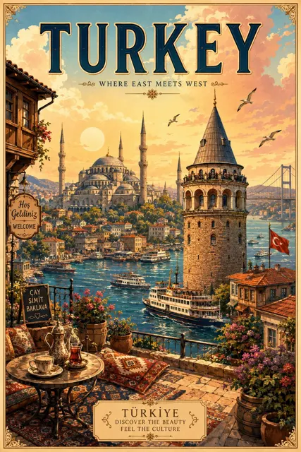 Vintage illustrated travel poster prompt