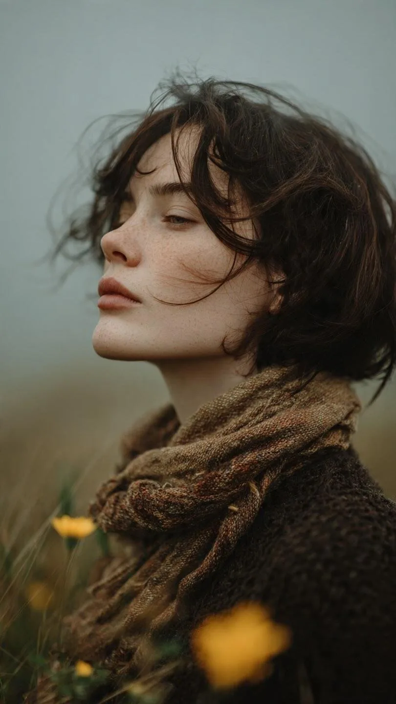 Cinematic fine art portrait woman knitted sweater meadow — After