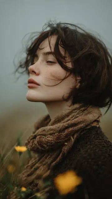 Cinematic fine art portrait woman knitted sweater meadow