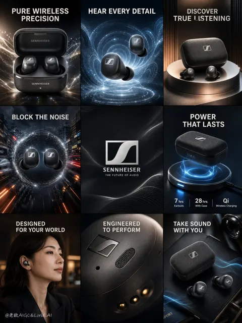 Sennheiser earbuds 3x3 advertising collage prompt