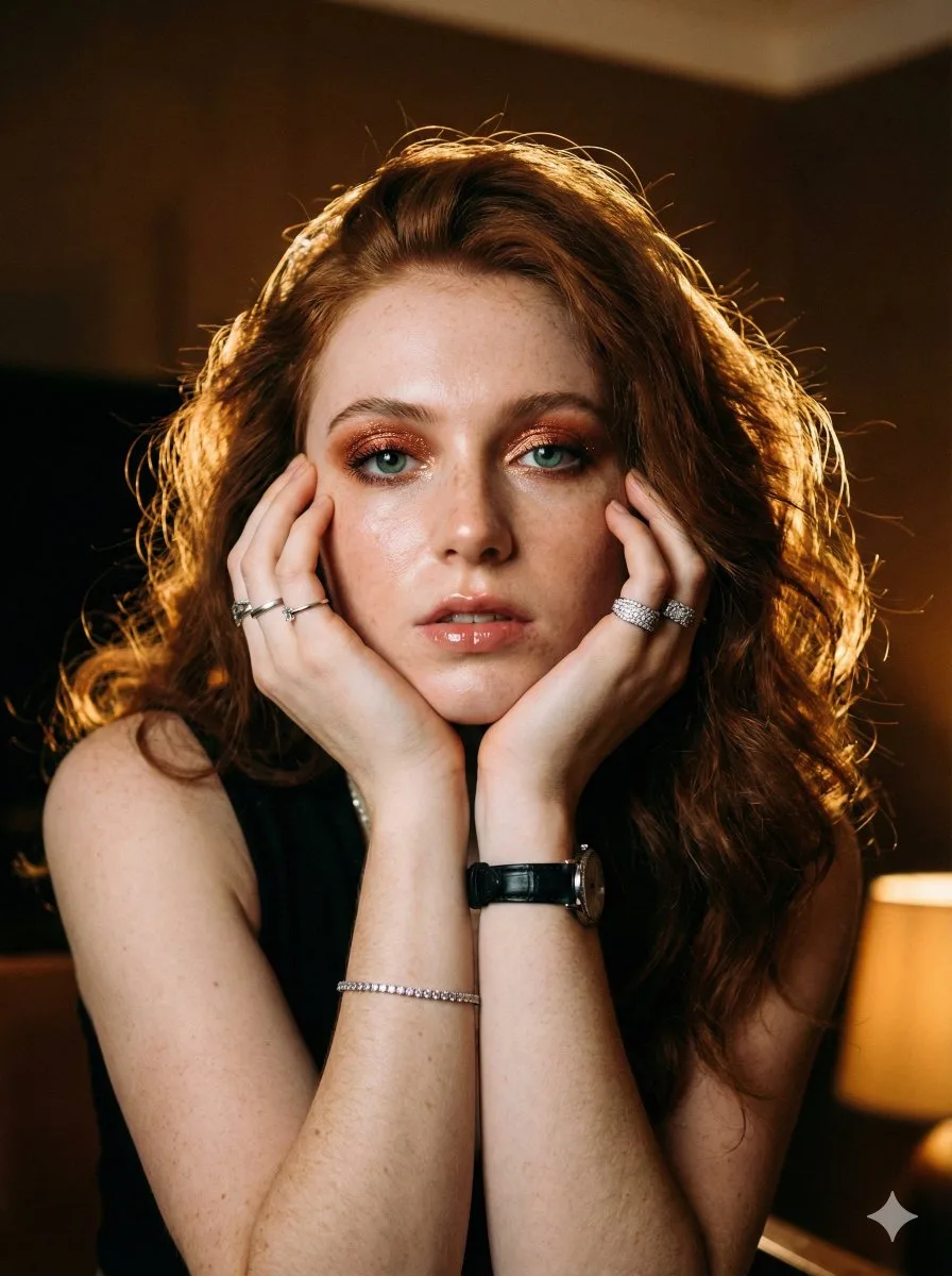 Immersive warm light auburn freckled close up — Sonra