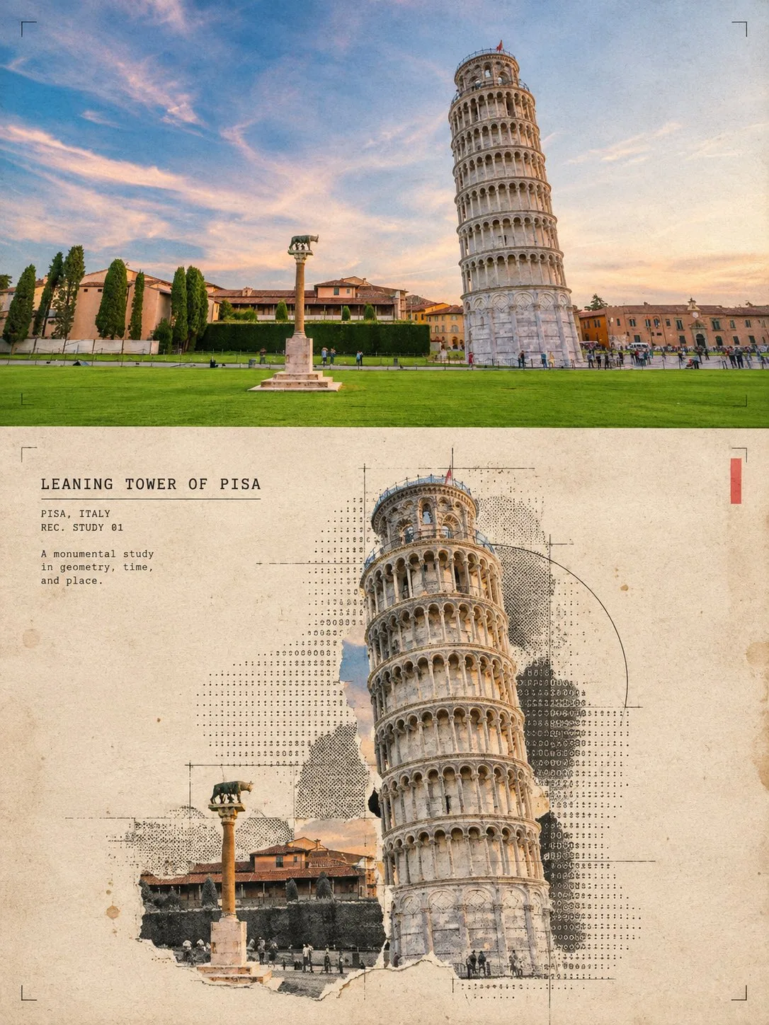 Architectural halftone travel collage poster prompt — Sonra